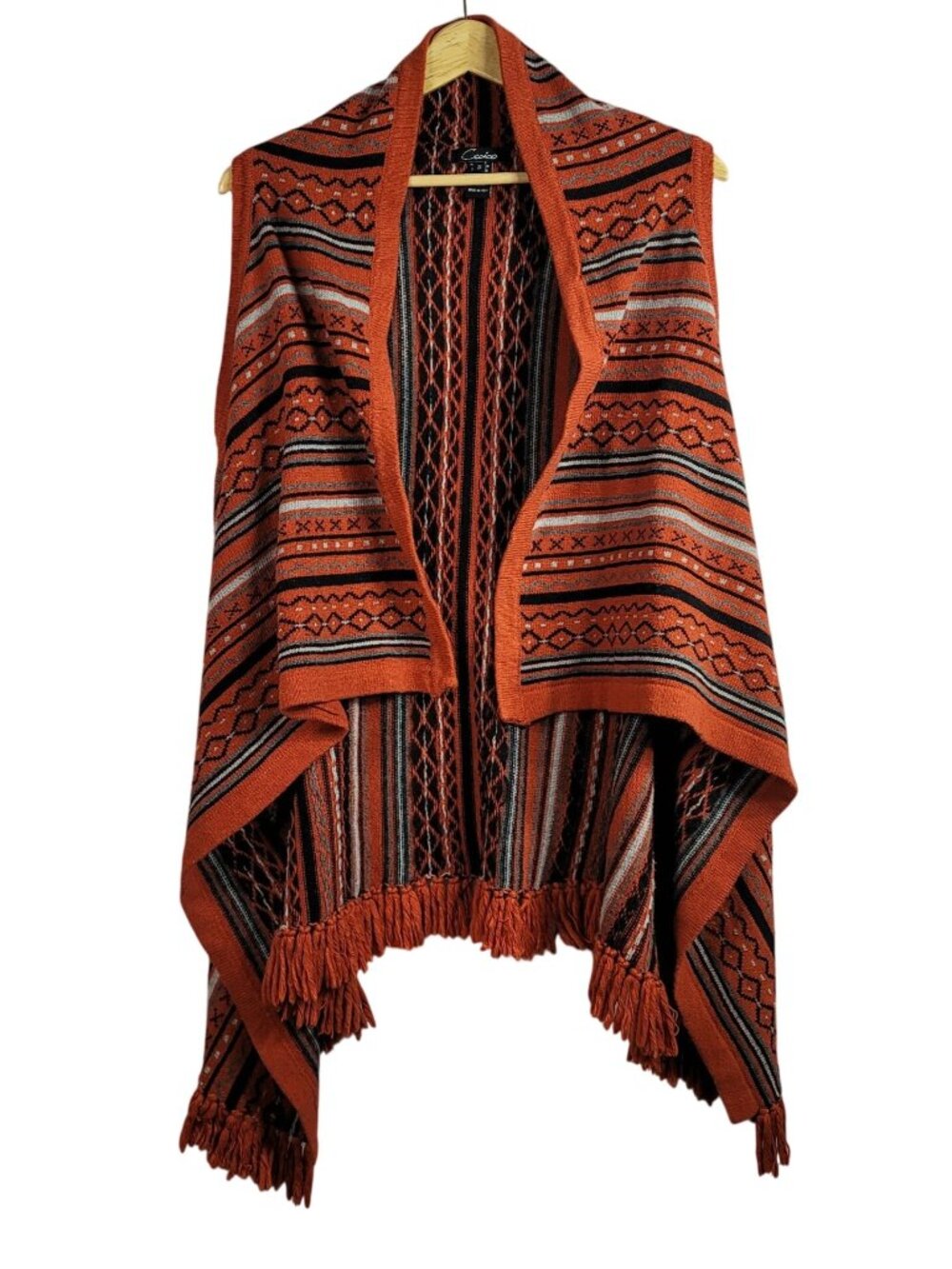 Cecico Open Cardigan Orange Small Fringe Sleeveless Boho Southwestern Western